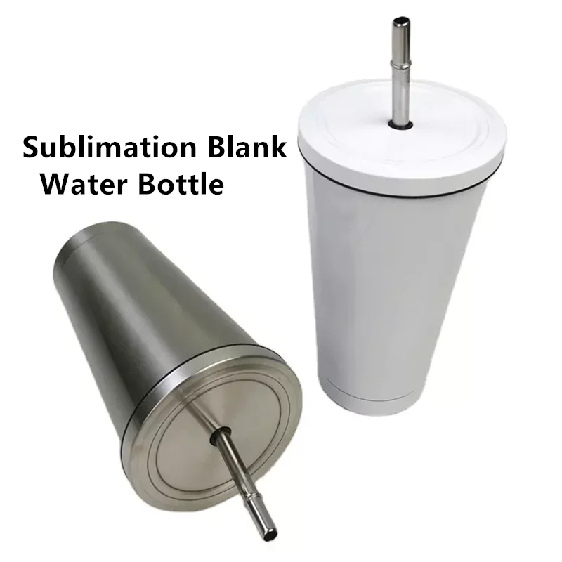 Sublimation Blank 550ml Stainless Steel Water Bottle Sport Thermal Flask Cone Shape Drink Travel Cup With Lid and Straw
