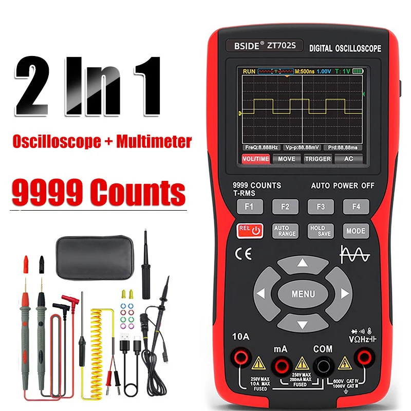 BSIDE ZT-702S Digital Oscilloscope Multimeter 9999 Counts 48MSa/s Sampling Rate 10Mhz Frequency Band 2.8inch LED Screen Display