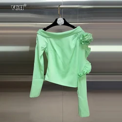 VGH Casual Spliced Ruffles Solid Shirts For Women Diagonal Collar Long Sleeve Backless Minimalist Slimming Blouses Female New