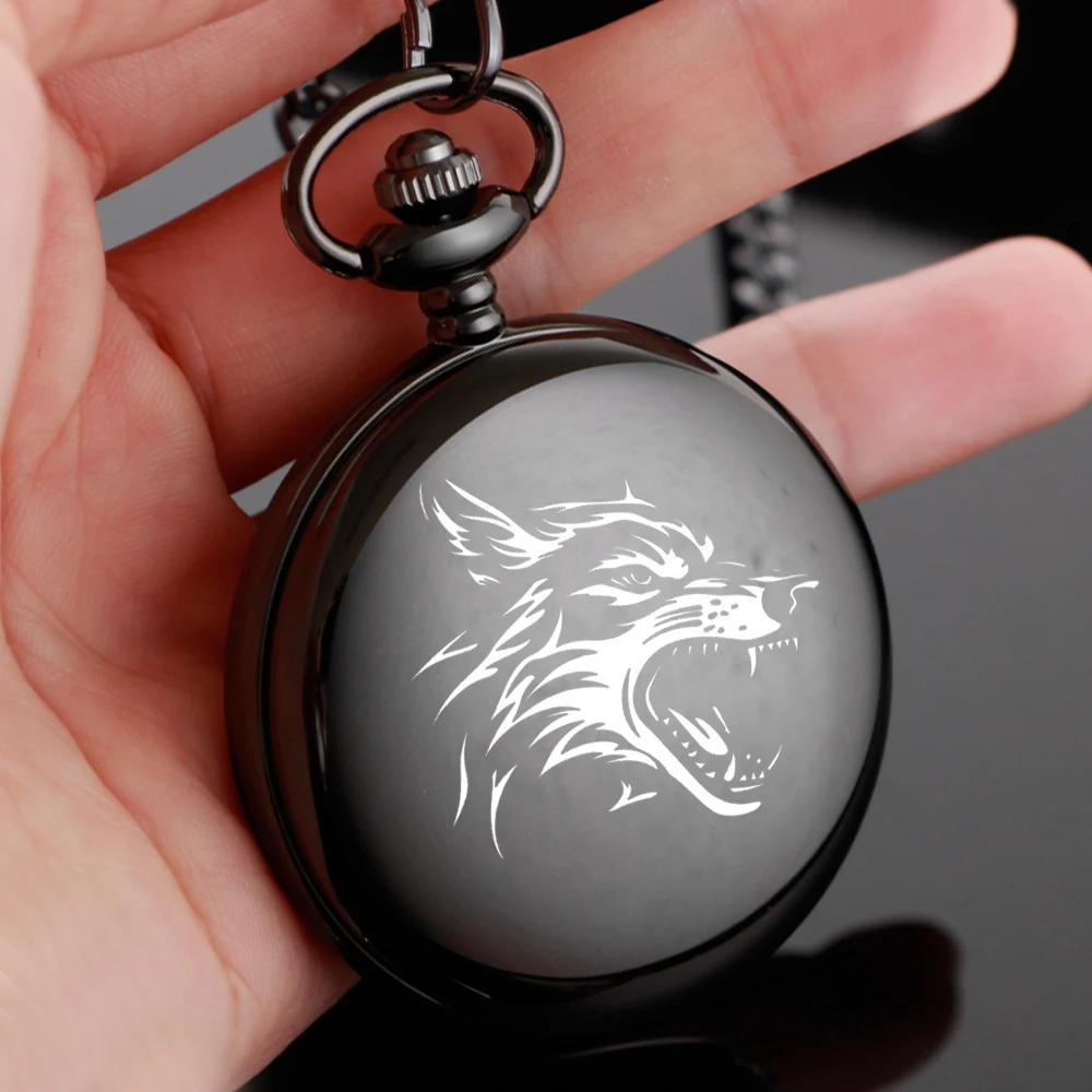 Roaring Wolf cool style design carving english alphabet face pocket watch a belt chain Black quartz watch birthday perfect gift