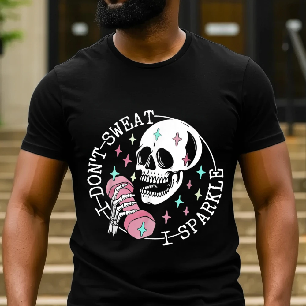 Don't Sweat I Sparkle Skull Dumbbell Print Men O-Neck Cotton T Shirt Gym Fitness Workout Short Sleeve Streetwear Graphic Tee Top