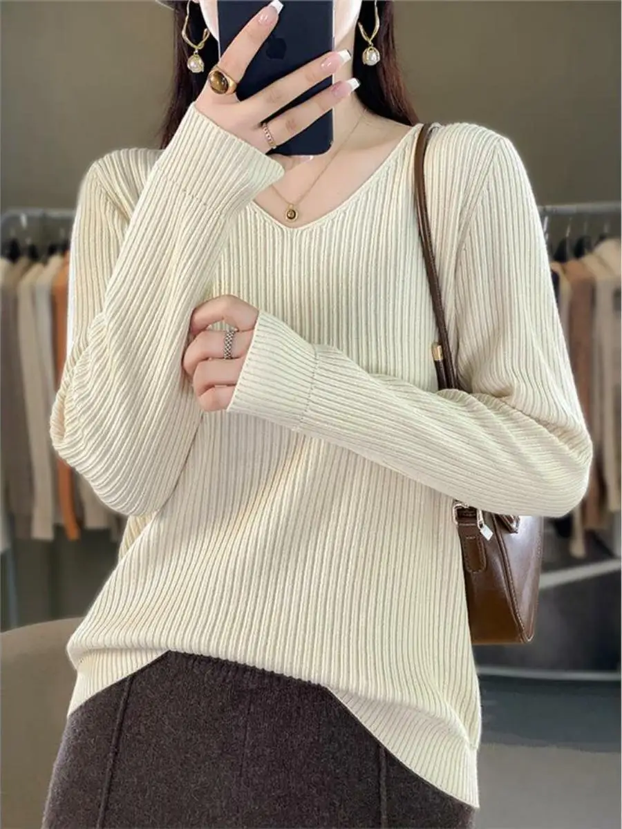 

Low-Ne 00% Cotton Women's Base irt Loose V-Ne Sweater Faionable Autumn Winter Long Sve Slimming Top Trendy