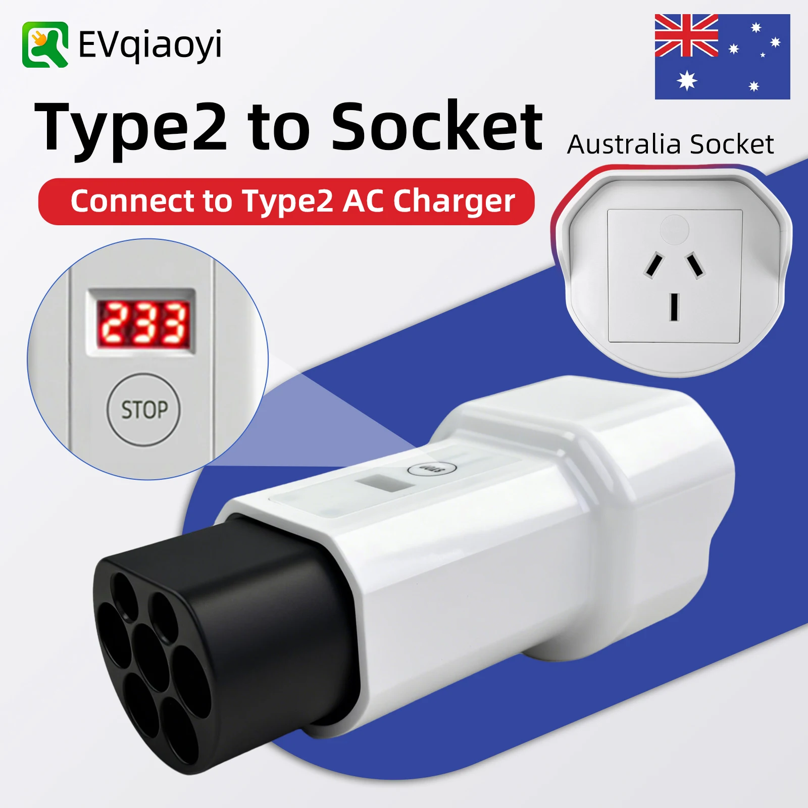 EVqiaoyi Type2 to Australia Socket EV Adapter Discharging Plug with Power-off Button Charging Accessories for Type2 Stations