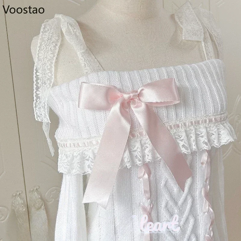 Jersey de punto estilo Lolita dulce japonés para mujer, cuello de barco Vintage, volantes de encaje, suéter de vendaje, Tops de punto lindos para