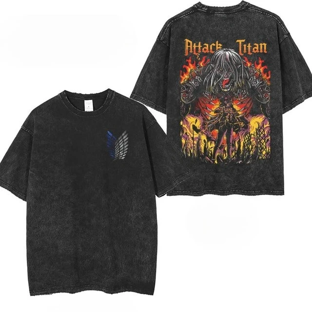 Anime Attack on Titan Eren Titan Form Double Side Printed T-shirt Men Vintage Washed Survey Corps Wings of Freedom Chest Logo