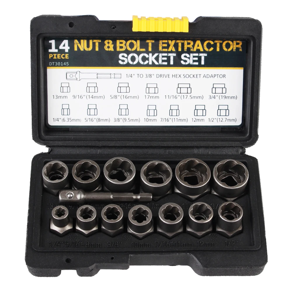 6.35mm-19mm Bolt Nut Remover Socket Set Car Tool Kit Damaged Screw Extractor 14pcs Cr-Mo Steel Hand Tools