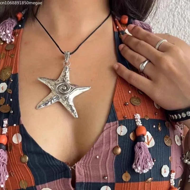 القوطية الهيب هوب فضي اللون الخماسي ستار سلسلة قلادة Y2K مجوهرات مبالغ فيها المعادن الكبيرة نجم البحر قلادة قلادة #3