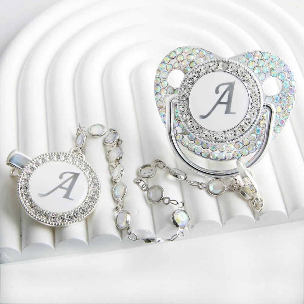 Initial Letter Siliver Baby Pacifier With Colorful Gem BPA Free Luxury Silver Dummy Soother Chupeta