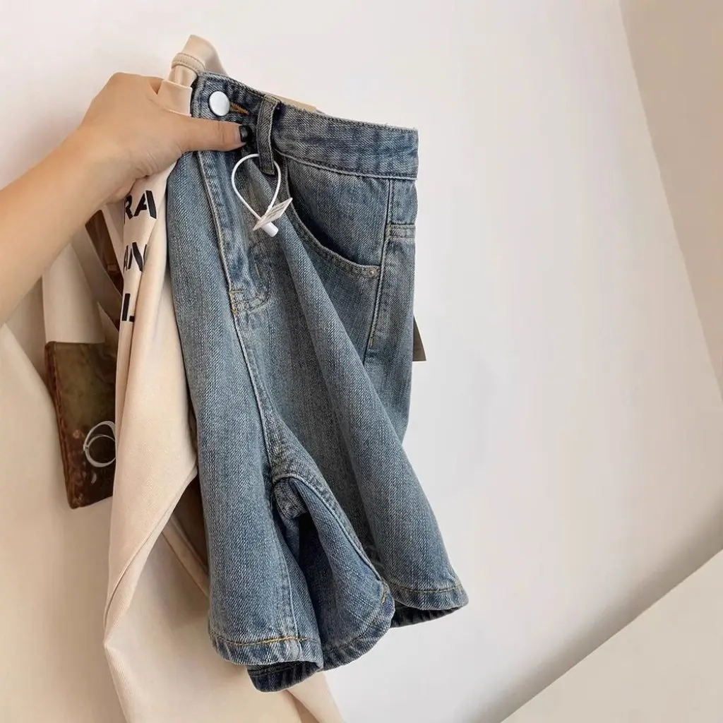 

Women's High Waist Pear-Shaped Straight Denim Shorts Summer plus Size Loose Chubby Girl Slimming A-Shaped Wide-Leg Pants
