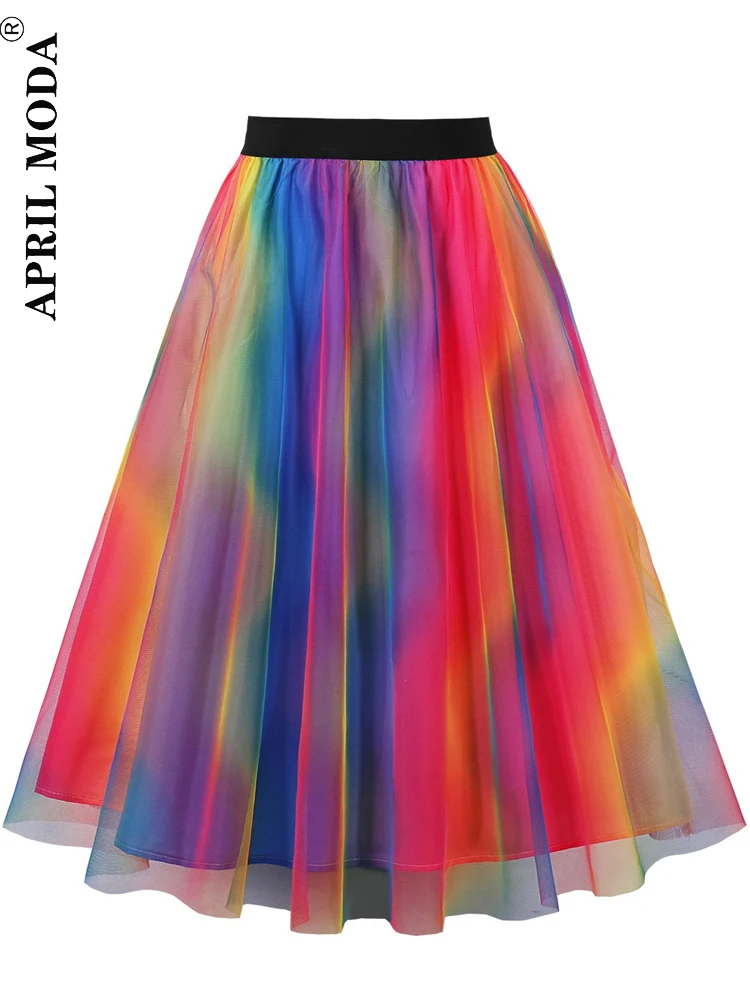 

2024 Fashion Gradient Tulle Mesh Sweet Swing Party Skirt Elegant Colorful High Waist Elastic Waist Ball Gown Short Midi Skirts