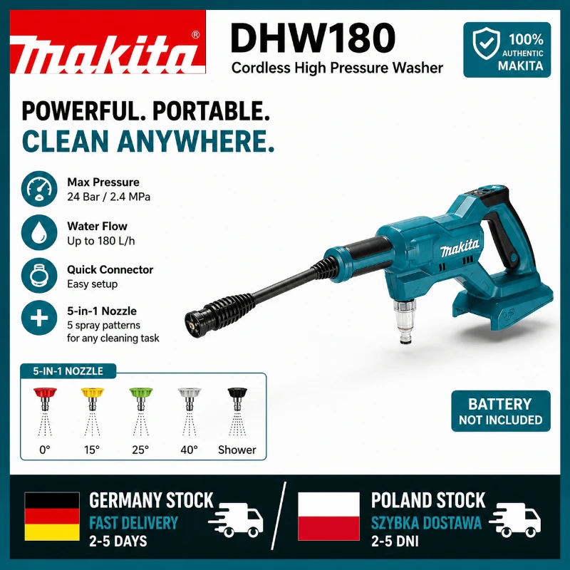 Image of Original Makita DHW180 Kabelloser Hochdruckreiniger 18V Tragbarer Elektroreiniger Drahtlose Wasserspritzpistole für Autowäsche Garten Terrasse Außenreinigung Kompatibel mit Makita 18V LXT Akku BL1830