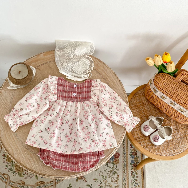 Autumn New 0-3 Year Old Baby Clothing Cute Baby Girl Sweet and Exquisite College Style Floral Long Sleeve Set