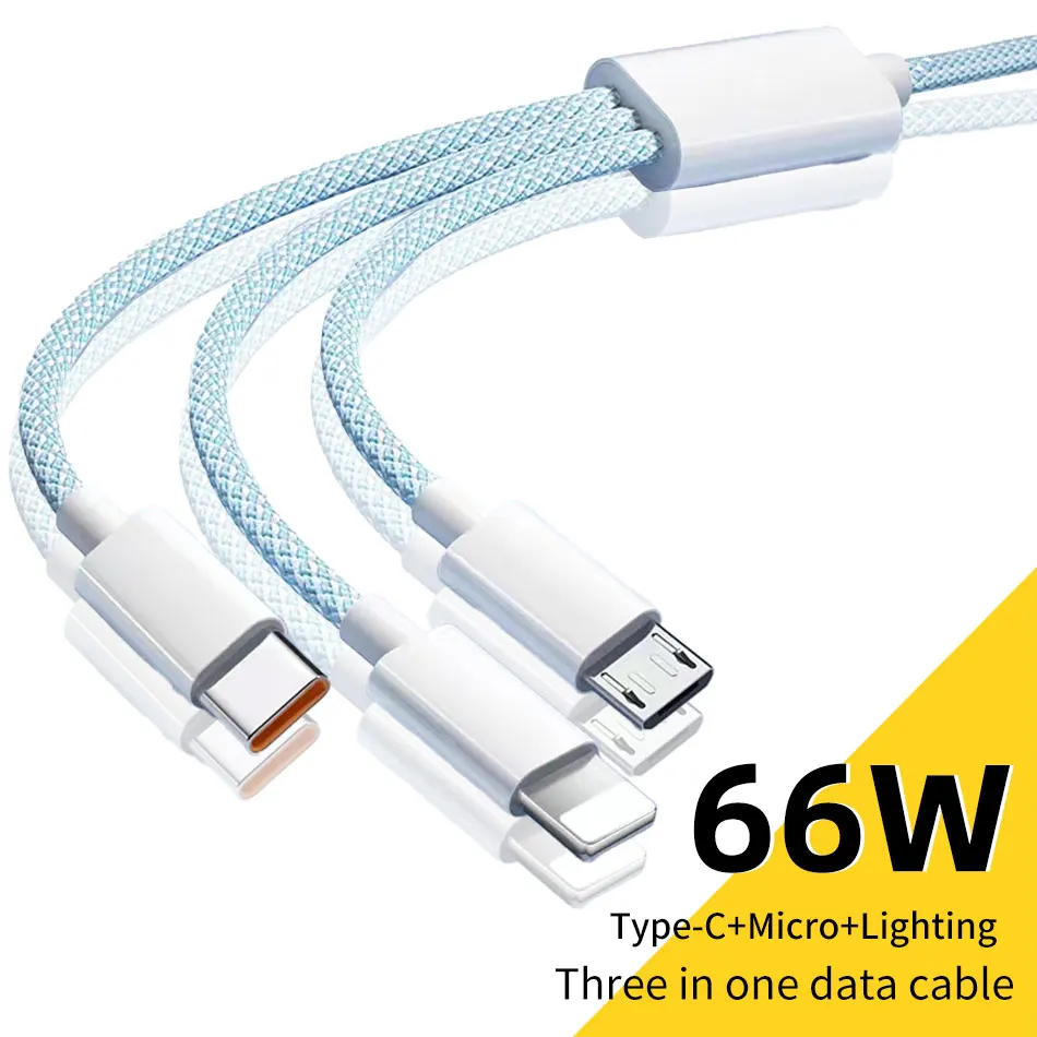 66W 3 In 1 Fast Charging Cable 6A Micro USB Type C Data Cable For Xiaomi Super Fast Charger Nylon Braid Cable 1.2M/2M/3M