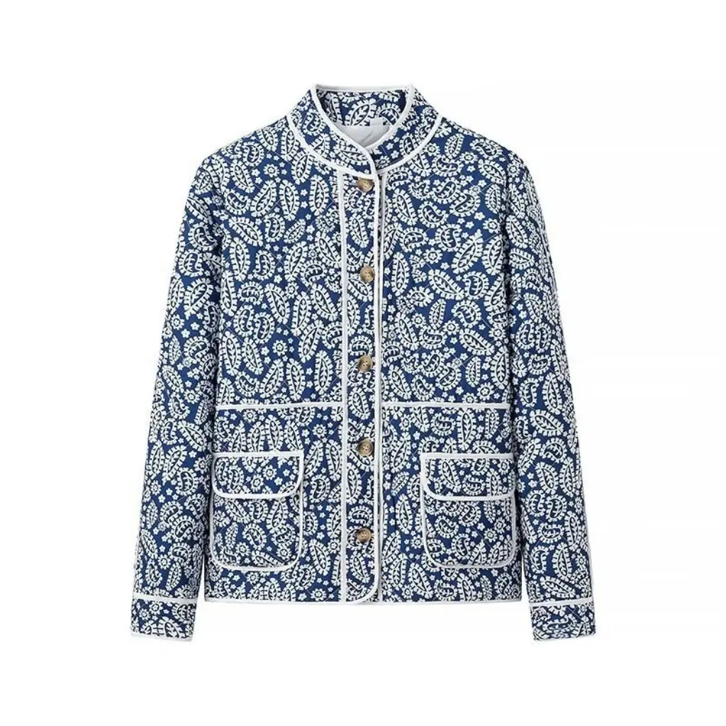 

Women's Stand Collar Printed Cotton Coat Autumn Fashion European American Style Streetwear New Arrival 2202