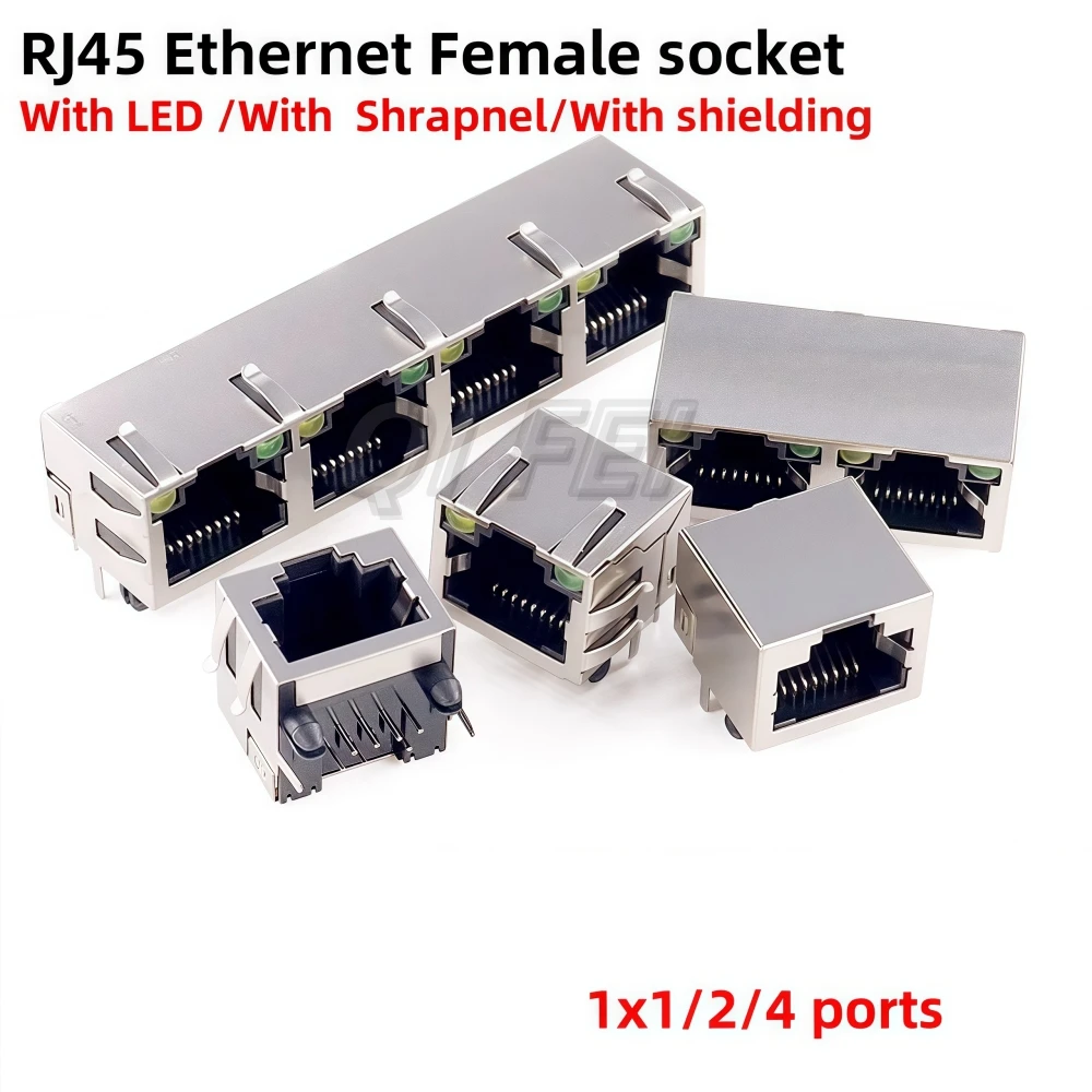 

RJ45 Ethernet Interface Socket 1 2 4 Ports RJ45 56 8P8C Female Socket With LED With Shrapnel With Shielding RJ45 Connector 1x4