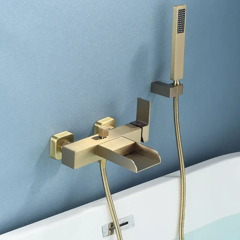 

Brushed Gold Bathtub Shower Set Wall Mounted Gray Bathtub Faucet, Bathroom Cold and Hot Bath Mixer Taps Brass