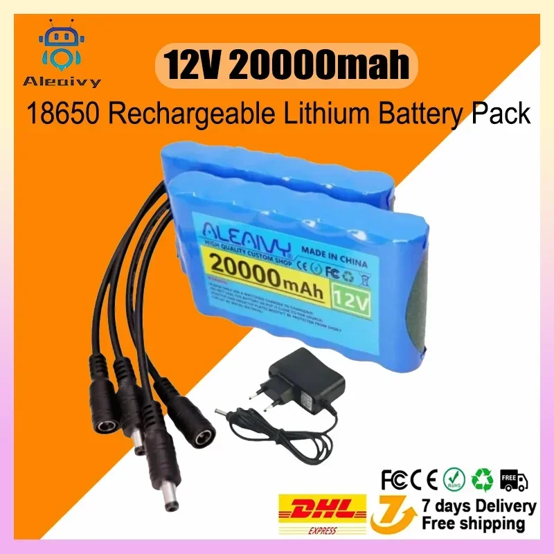 New Portable Super 12V 20000mah 18650 Rechargeable Lithium Battery Pack 12.6V for CCTV Camera Camping Light DC Plug+12.6V 1A