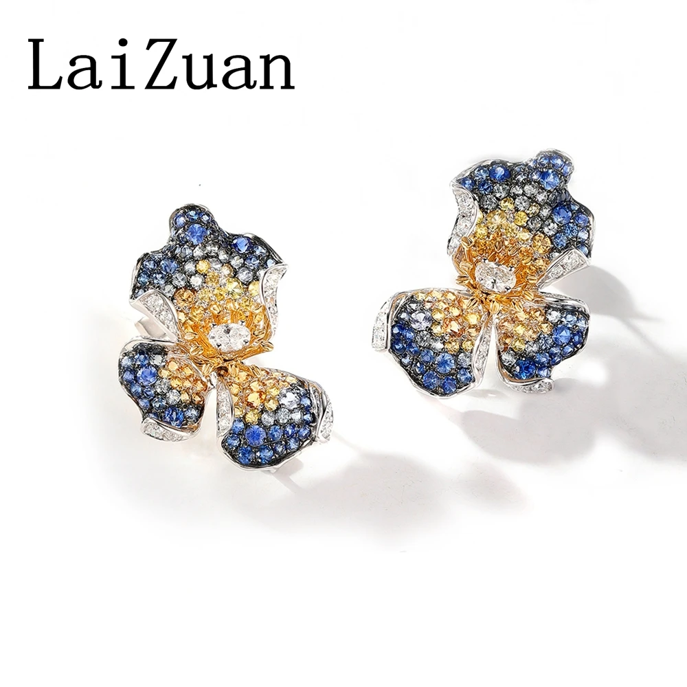 LaiZuan Solid 18K White+Yellow Gold Flower Sapphire Diamonds Earrings Yellow Sapphire Stud Handcrafted Elegant Style Luxurious