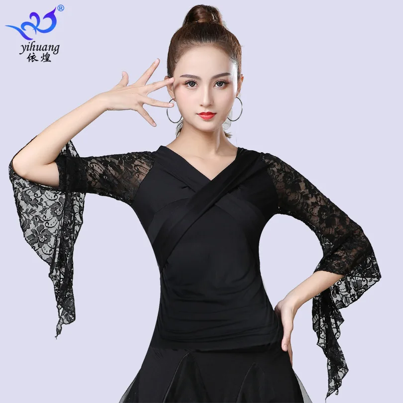 1 pz/lotto donna ballroom dancing top lady lace sleeve waltz camicetta da ballo latino