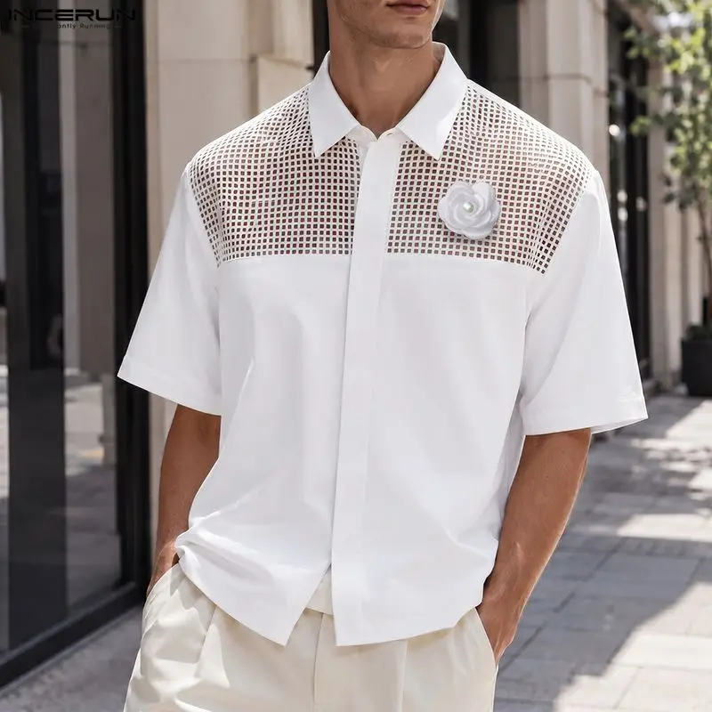 INCERUN Men's Shirt Mesh Patchwork Hollow Out Flower Lapel Short Sleeve Men Clothes Loose Streetwear Summer 2026 Tops For Man