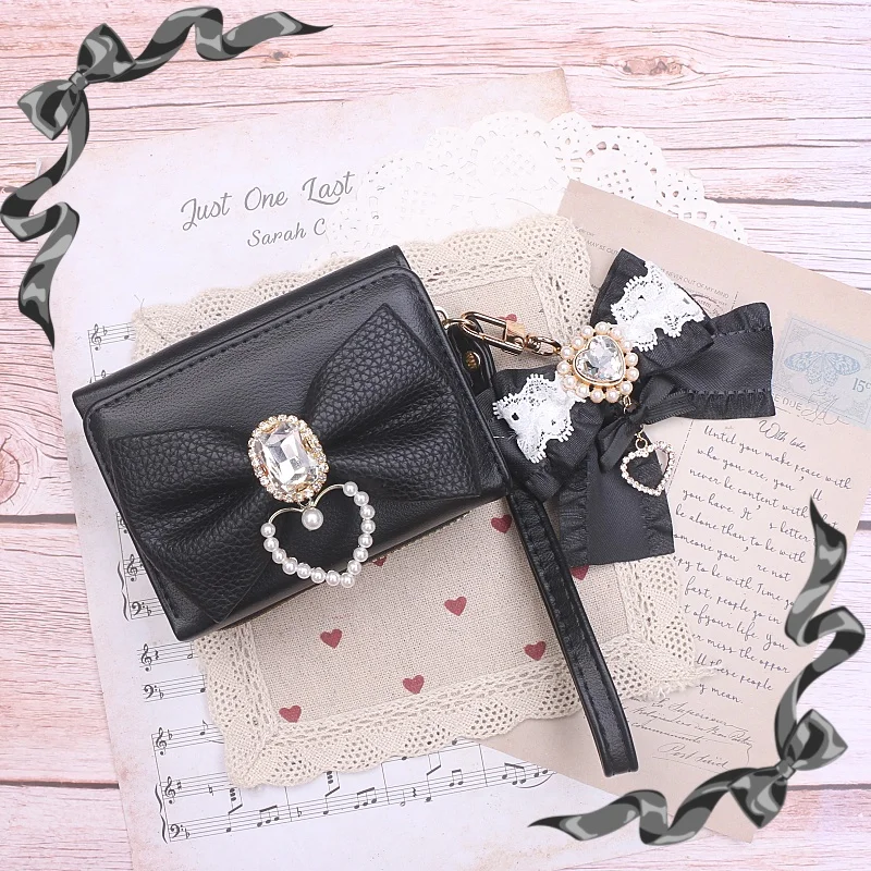 Portafoglio Lolita giapponese dolce e carino fatto a mano giapponese Portafoglio morbido con fiocco in strass in pizzo per ragazza Portafoglio di grande capacità per donna