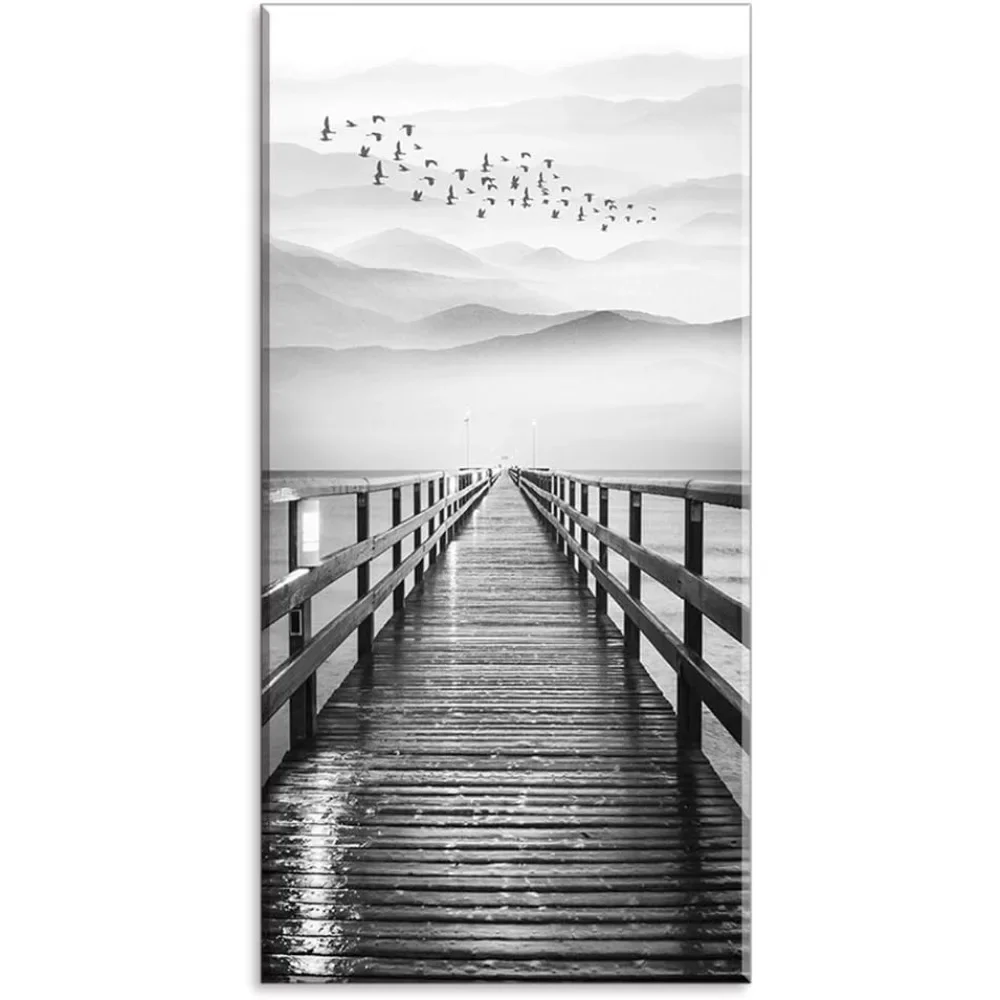 

Black and White Pier with Birds Flying Canvas Prints Decor, Vertical Wharf Mountain landscape , Waterproof ,HangPosters & Prints