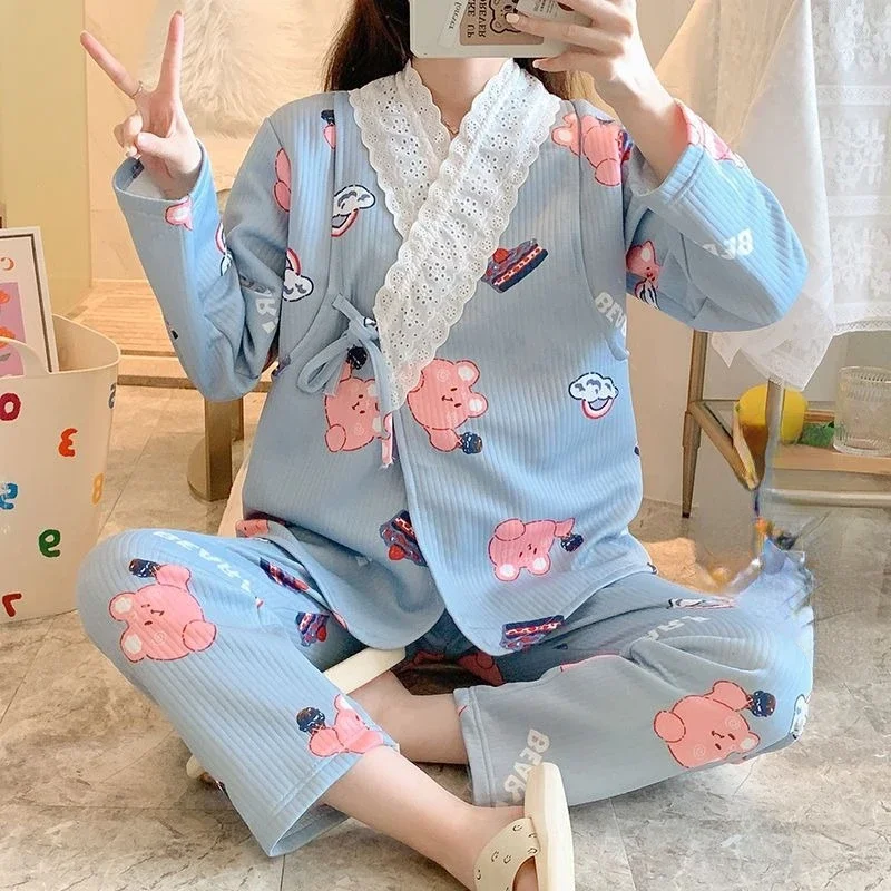 

Pregnant Women V-neck Pajamas 2024 New Air Cotton Maternity Dress Spring Autumn Winter Sleepwear Postpartum Thickened Homewear