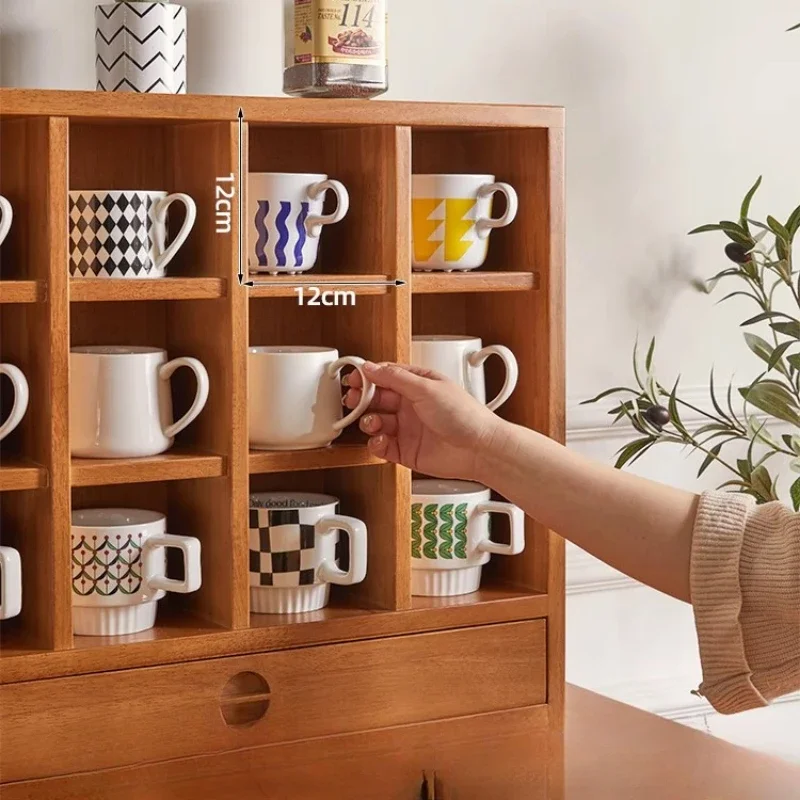 

Large Space Rubberwood Cup Rack Partitioned Storage Shelf Coffee Cup Cabinet Countertop Display with Drawer