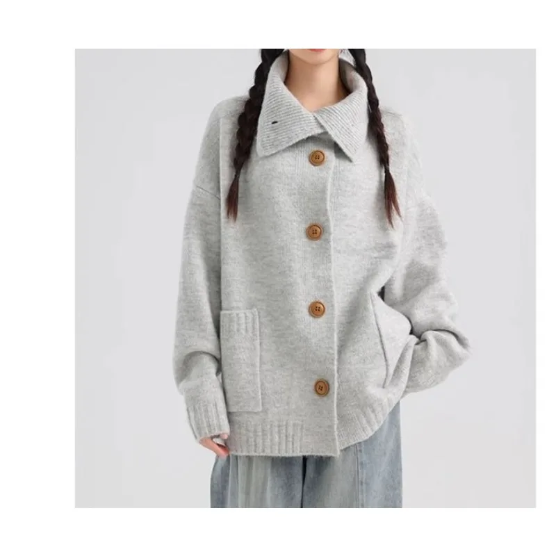 

High-Neck Knitted Cardigan Women Autumn Winter New Style Loose Lazy Style Warm Sweater