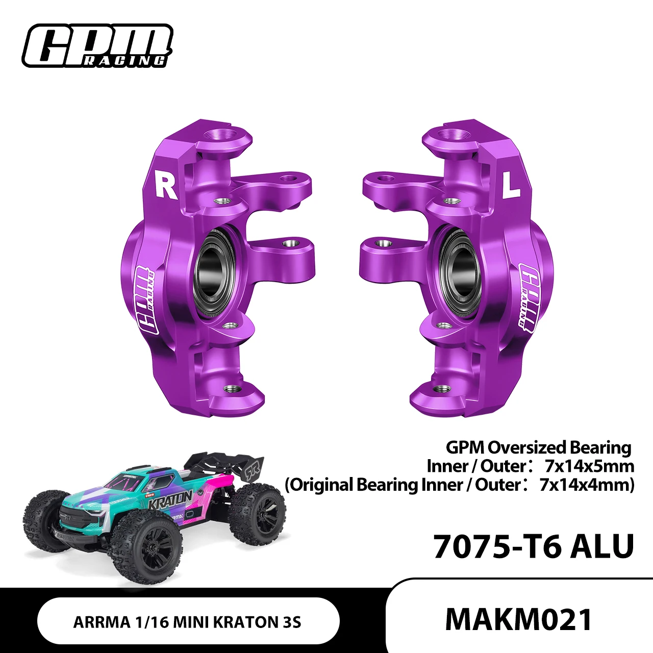 

GPM 7075 Alloy Front Steering Block Larger Bearing For ARRMA 1/16 Mini Kraton 3S ARA2508 ARA2508S