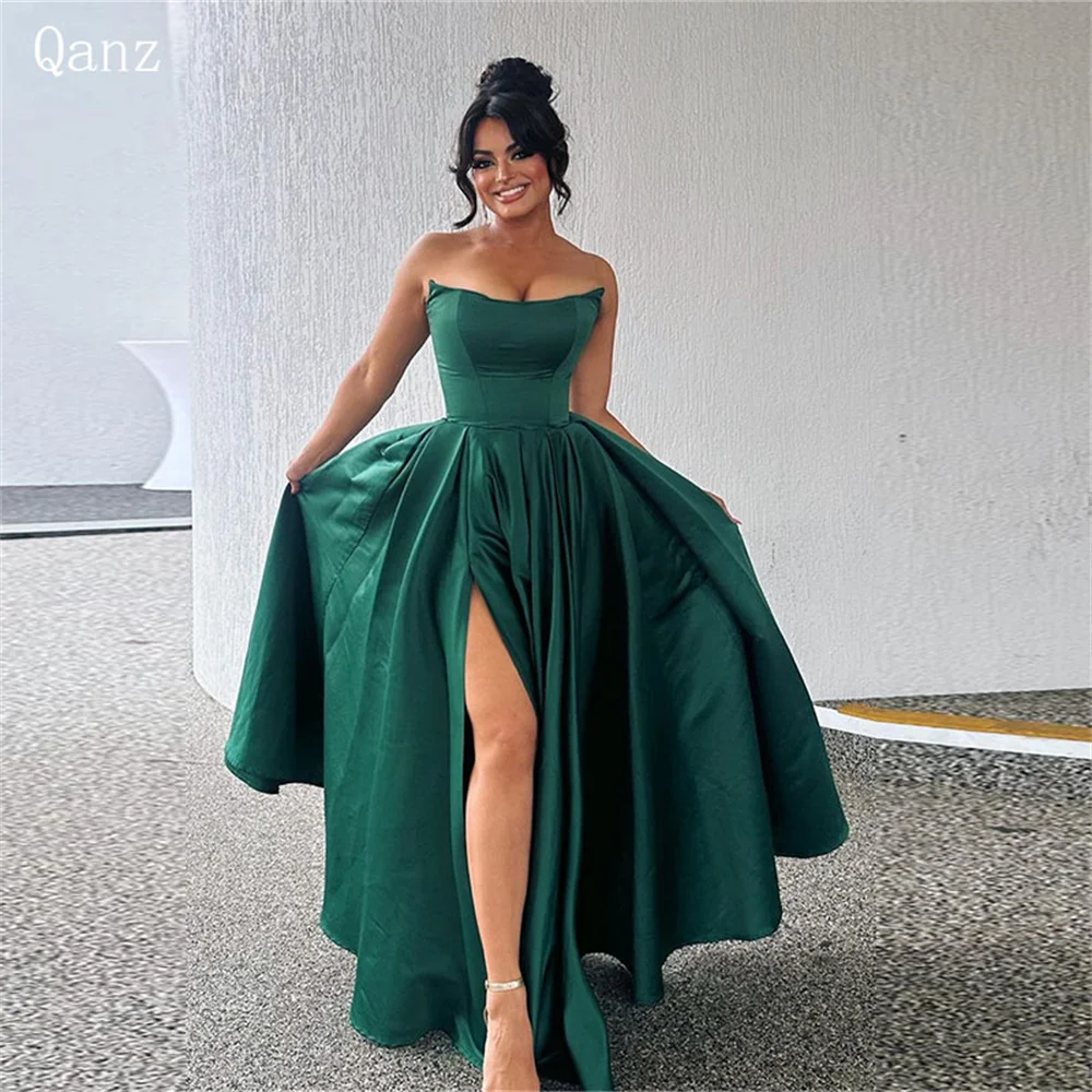 

Qanz Dark Green Satin Prom Dresses Strapless High Side Slit A Line Dresses for Ladies Floor Length Abendkleider Damen Customized