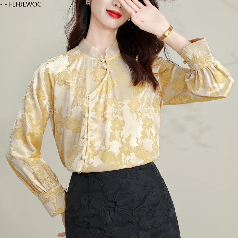 Neue Jahr Chinesischen Stil Shirt Frauen Mode Champagner Floral Gestickte Bluse Elegante Dame Stehkragen Retro Vintage Tops