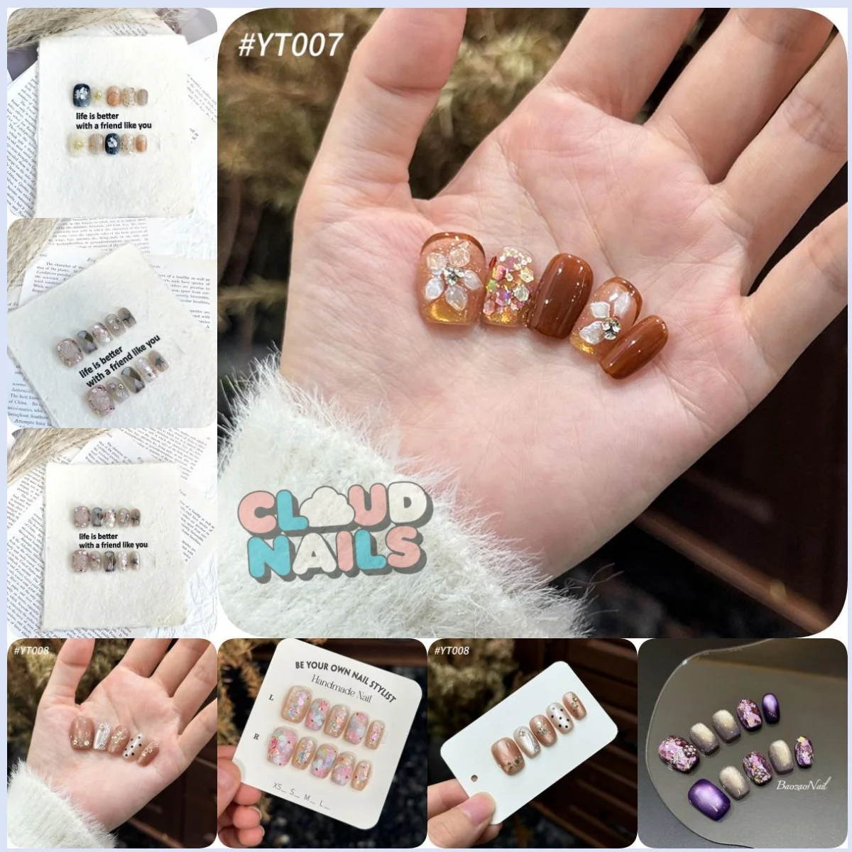 

10 PCS Handmade Short Pressed Nails Purple Cat Eyes Green Little Star Fake Nail Tips 3D Carved Flower Design Green Fake Nail