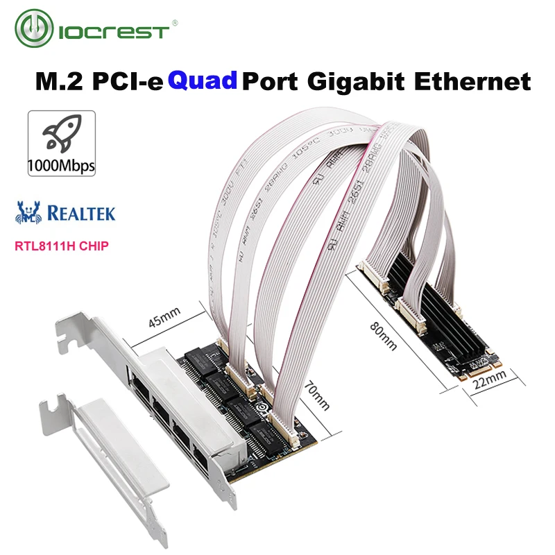 IOCREST M.2 PCI-e 4 Port Port Gigabit Ethernet M key B key 1000Mbps 1G Nic Network Card RealTek RT8111H Chipset NAS For Gaming