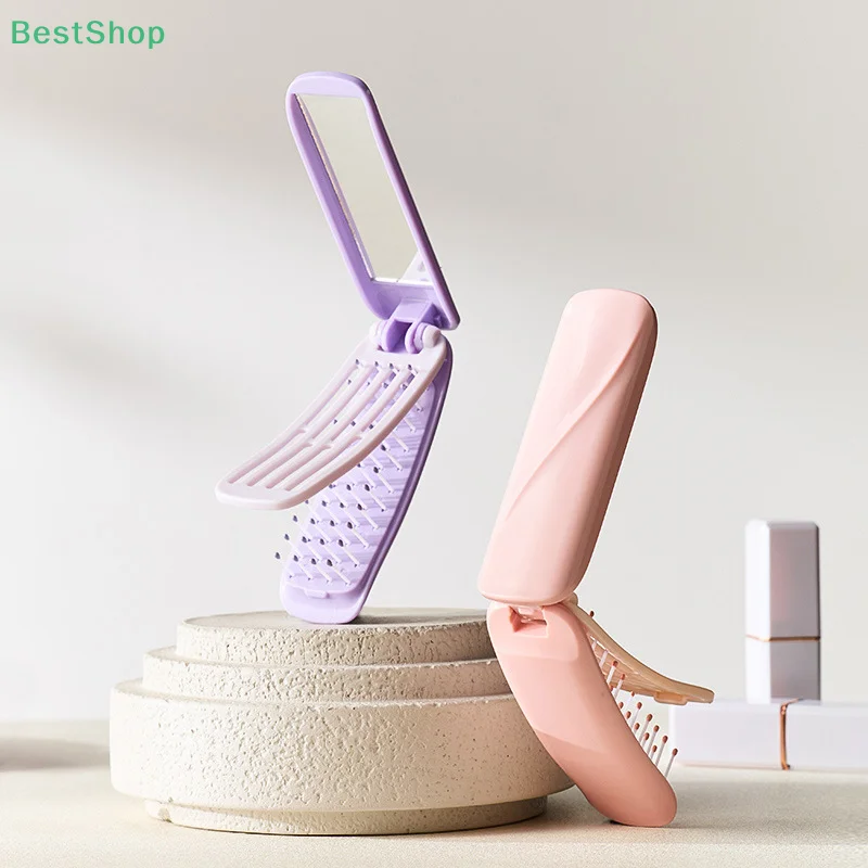 مشط 2 في 1 قابل للطي مع مرآة لتدليك فروة الرأس ومضاد للكهرباء الساكنة أثناء السفر ومشط تصفيف وسادة هوائية مناسب لجميع أنواع الشعر