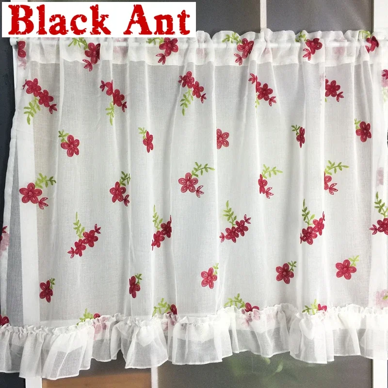 Lace Curtain For Kitchen Red Floral Tulle Curtain For Bay Window Short Curtain Door Partition Cabinet Sheer Drape DL-WP261#40