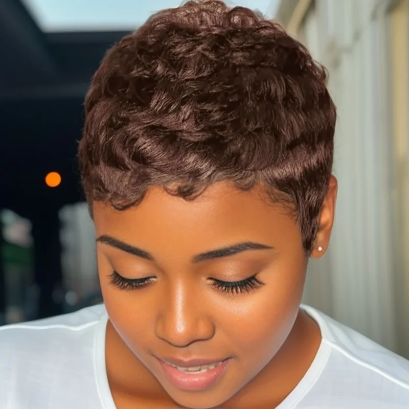 앞머리가 있는 짧은 인모 픽시컷 가발, 픽시 풀 머신메이드 가발