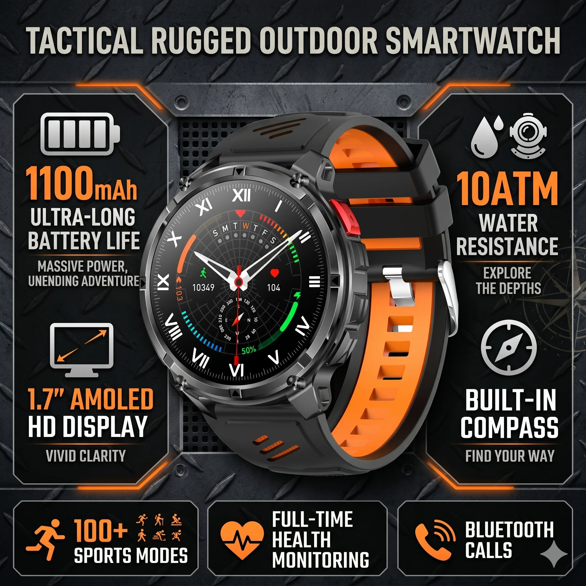 

2026 New GPS Outdoor Smart Watch 1.7''AMOLED Screen 1100mAh Large Battery 10ATM Waterproof Compass Sport Men Fitness Bracelet