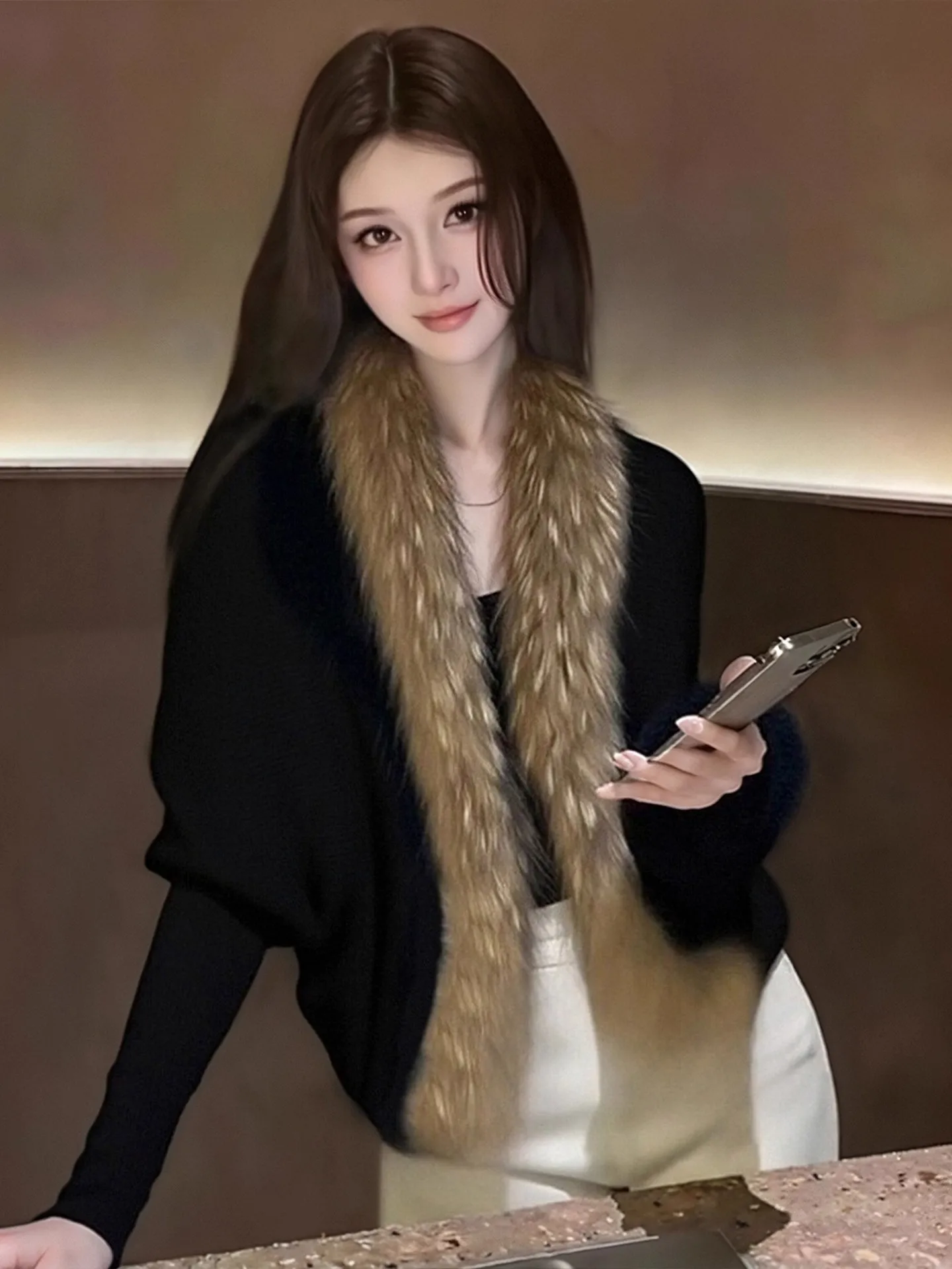 

Корейский женский вязаный кардиган с воротником из искусственного меха, рукавами «летучая мышь», теплый, повседневный, модный, осенне-зимний, верхняя одежда