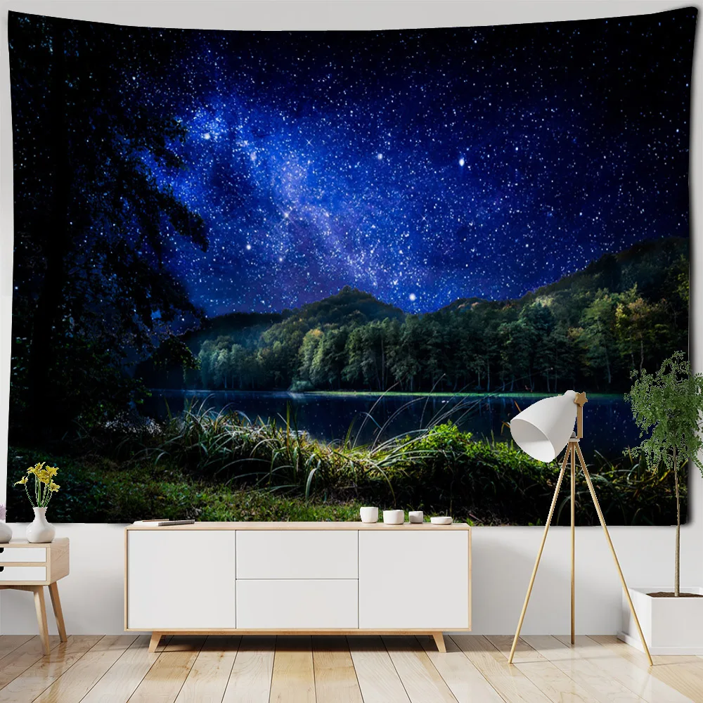 Aesthetic decorative tapestry, starry sky, forest night, Van Gogh oil painting, wall hanging, home decor, room background poster