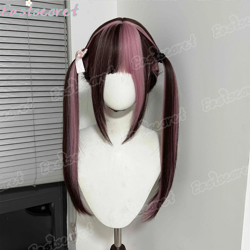 

Cosplay Wig With Bangs Synthetic Straight Hair Double ponytail wig Heat-Resistant chocolate color highlight Pink Wig For Women