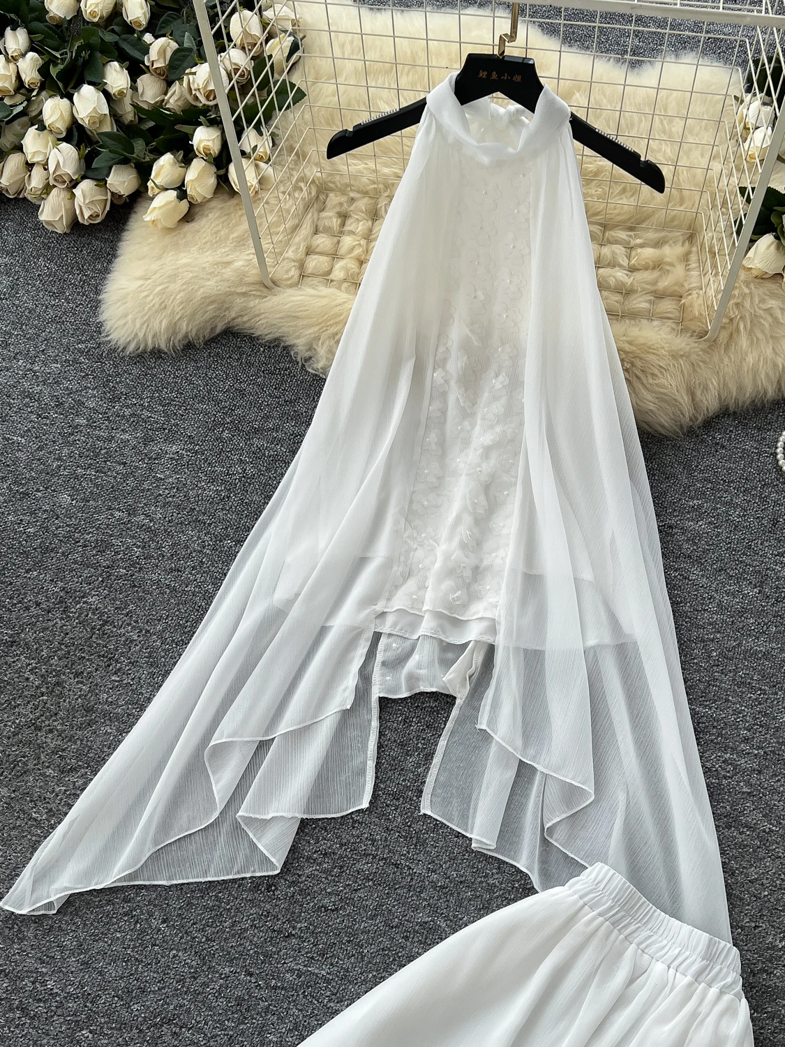 

Летняя фея Т с вышитыми цветочными бусинами, ожерелье, асимметричный топ, тюлевая юбка, комплект из двух предметов, женский ансамбль Faion