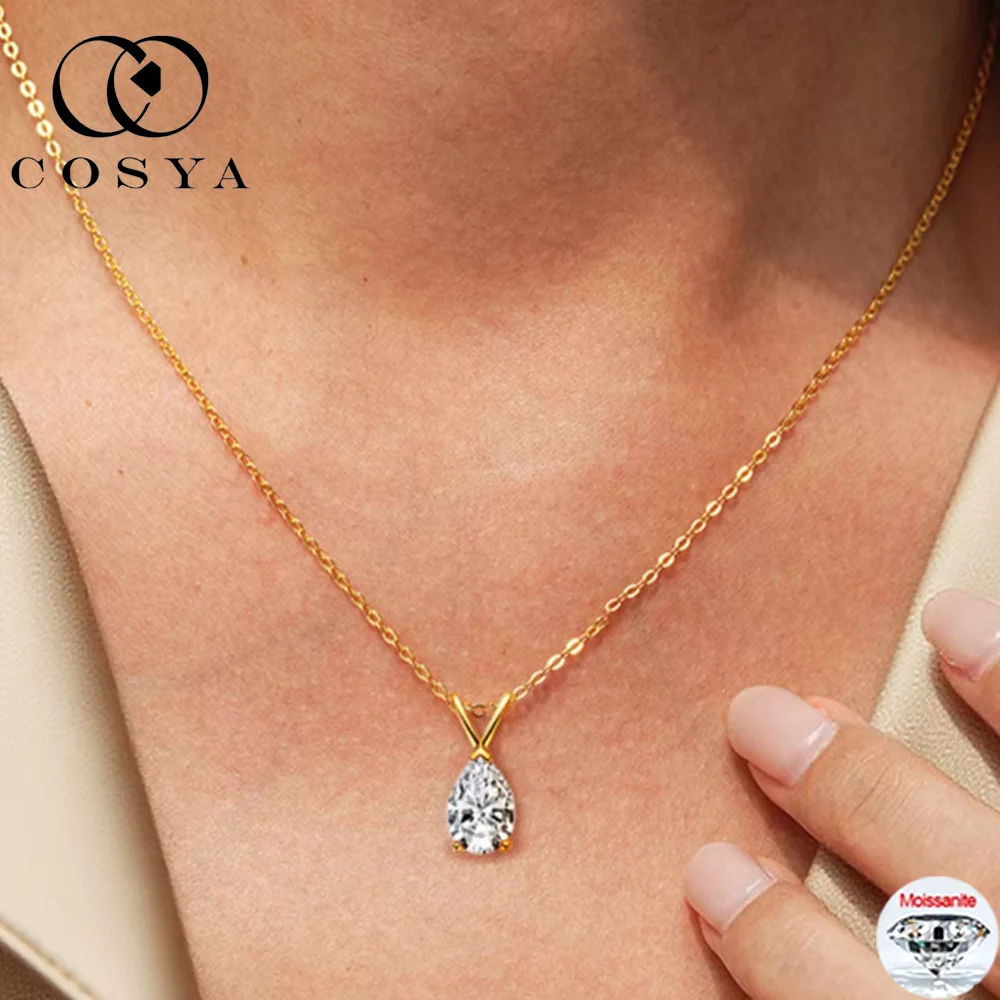 

COSYA Real 1.5CT Pear Cut Moissanite Pendant Necklace For Women S925 Silver 18K Gold D Color VVS1 Lab Diamond NeckChain Jewelry