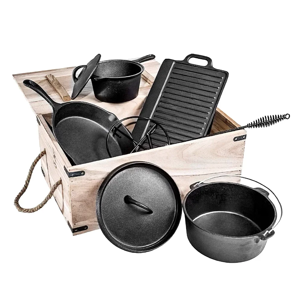 seasoned Cast Iron Cookware Set Camping Dutch Oven Baking Tray Pot Set