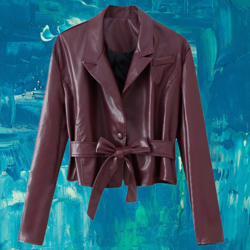 2025 Otoño Invierno nuevo vino rojo cuello vuelto Nudo de lazo Chaqueta corta de cuero mujer moda abrigo ajustado opciones multicolores