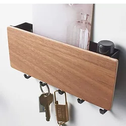 1pc Wall Hanging Storage Key Holder Wooden Wall Mounted Storage Rack with 5 Hooks Plant Mail Storage Organizer for Home Decor