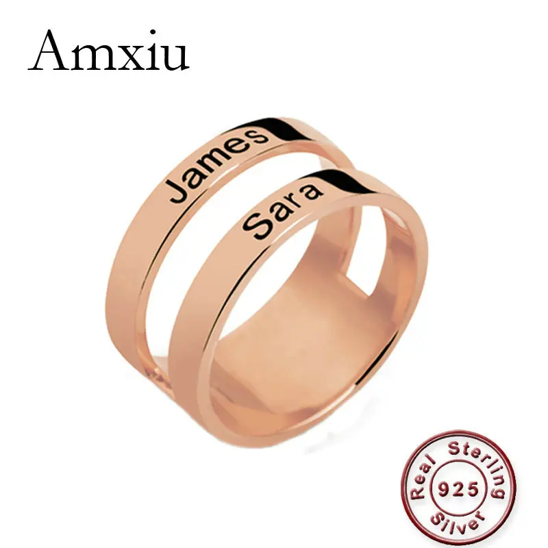Amxiu Personalized Engrave Two Names Ring 925 Sterling Silver Ring Fashion Jewelry Customize Wide Ring For Women Men Accessories