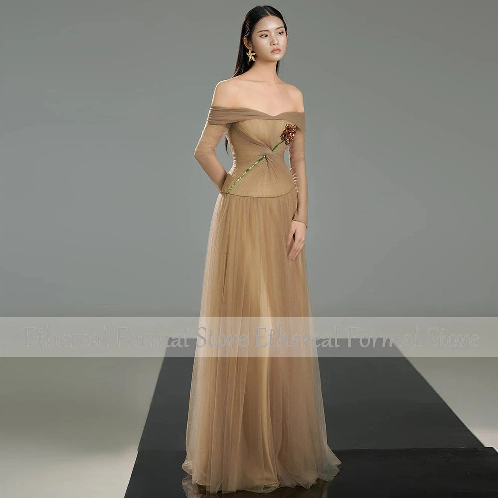 Вечернее платье трапециевидной формы для свадьбы, расшитое бисером, с открытыми плечами, женское вечернее платье с длинными рукавами, вечерние платья