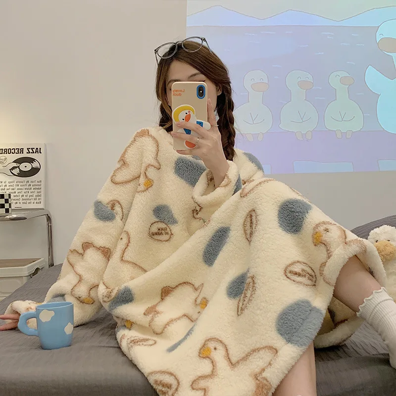 

Women Autumn Winter Flannel Long Sleeve Cartoon Pullover Nightgown Student Lady Loungewear Wearable Outdoors Female Sleepwear