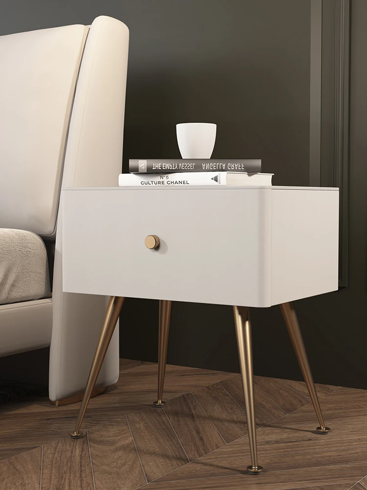 Light Luxury Stone Plate Bedside Table Modern Minimalist Creative Bedroom Bedside Cabinet Genuine Leather